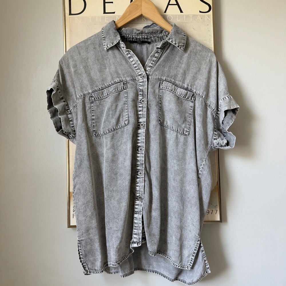 Jane + Delancey Acid Wash Gray Lyocell Utility Short Sleeve Button Down Shirt S
